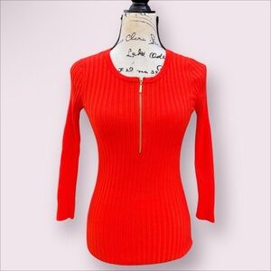 INC International Concepts Red Orange 3/4 Sleeve Zipper Top NWT